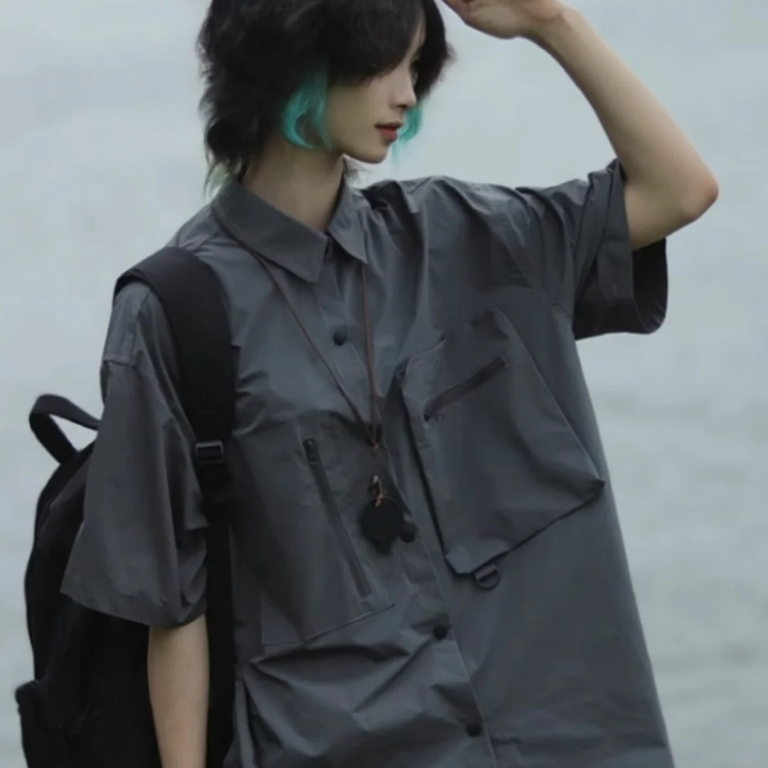 

Muyou Hunhun Trendy Cargo Blouse Japanese Retro Couple Style Loose Casual Multi Pocket Quick Dry Short Sleeve