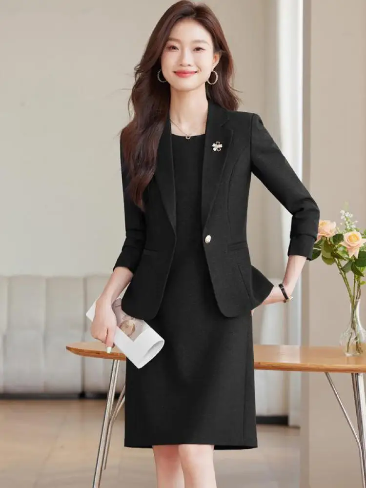 

New Autumn Women Solid Long Sleeves Single Button Blazer Coat And Sleeveless Vest Midi Dress Two Piece Set Elegant Fashion Suits