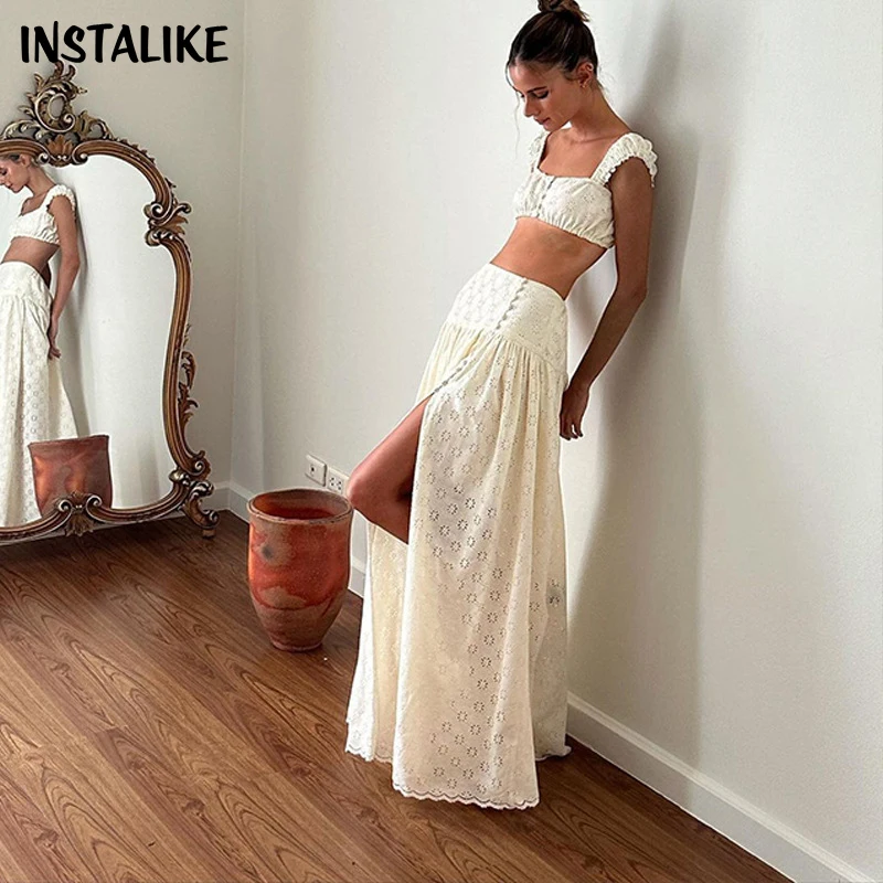 InstLike-Sexy Hollow Out White Matching Sets Women,Hole Slit Sleeveless Top,Pleated Skirts,Monochrome Suit,Beachwear,Y2K Fashion