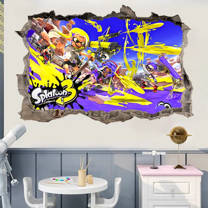 Adesivo de parede removível 3D Splatoon, arte autoadesiva, decalque do quarto, decoração mural