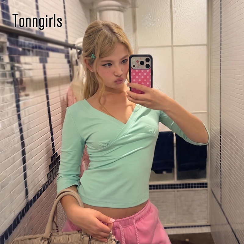 Tonngirls Y2k Japanese T-shirt Women Slim Half Sleeve Tee Korean Style Vintage Tops Sexy Green Crop Tops 2000s Aesthetic Tshirt
