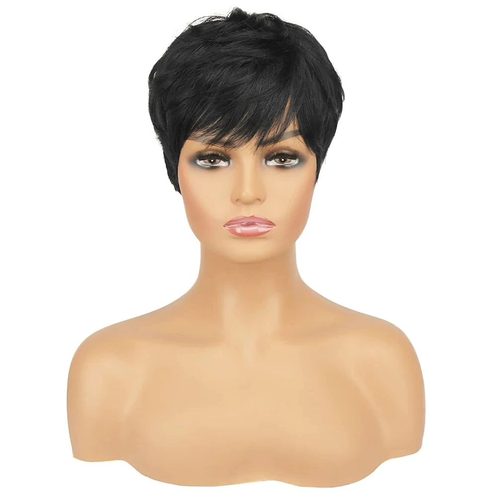 Pixie Cut Wig Human Hair Wigs 100% Human Hair Wig with Bangs Natural Short Black Wig Layered Wavy Wig for Women