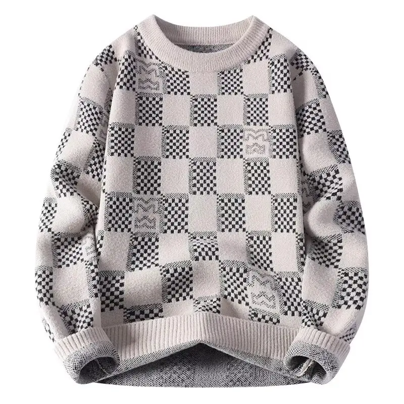 

Checkered sweater for men's autumn and winter new fashion brand jacquard knitted sweater with half high collar and bottom layer