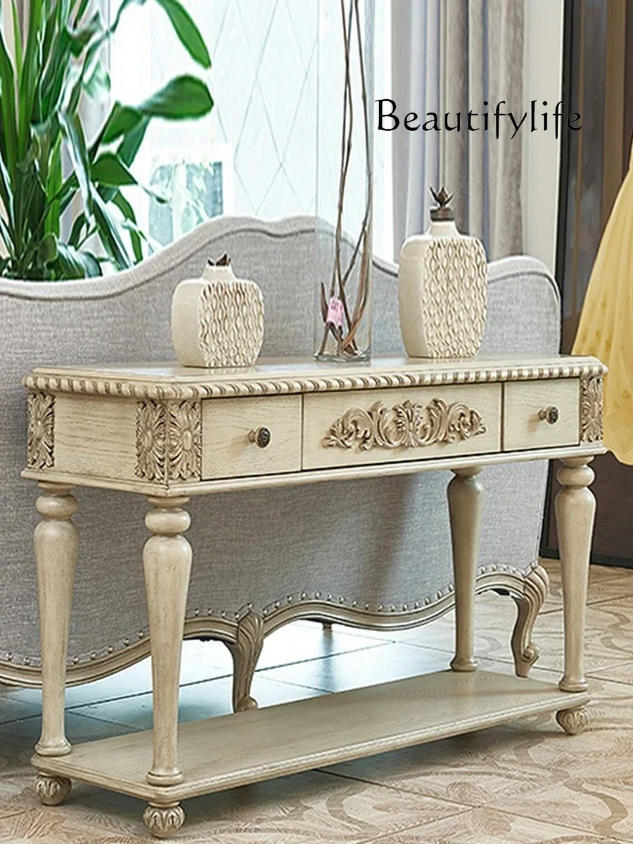 

American solid wood white old foyer entrance cabinet simple French living room sofa carved decoration entrance table