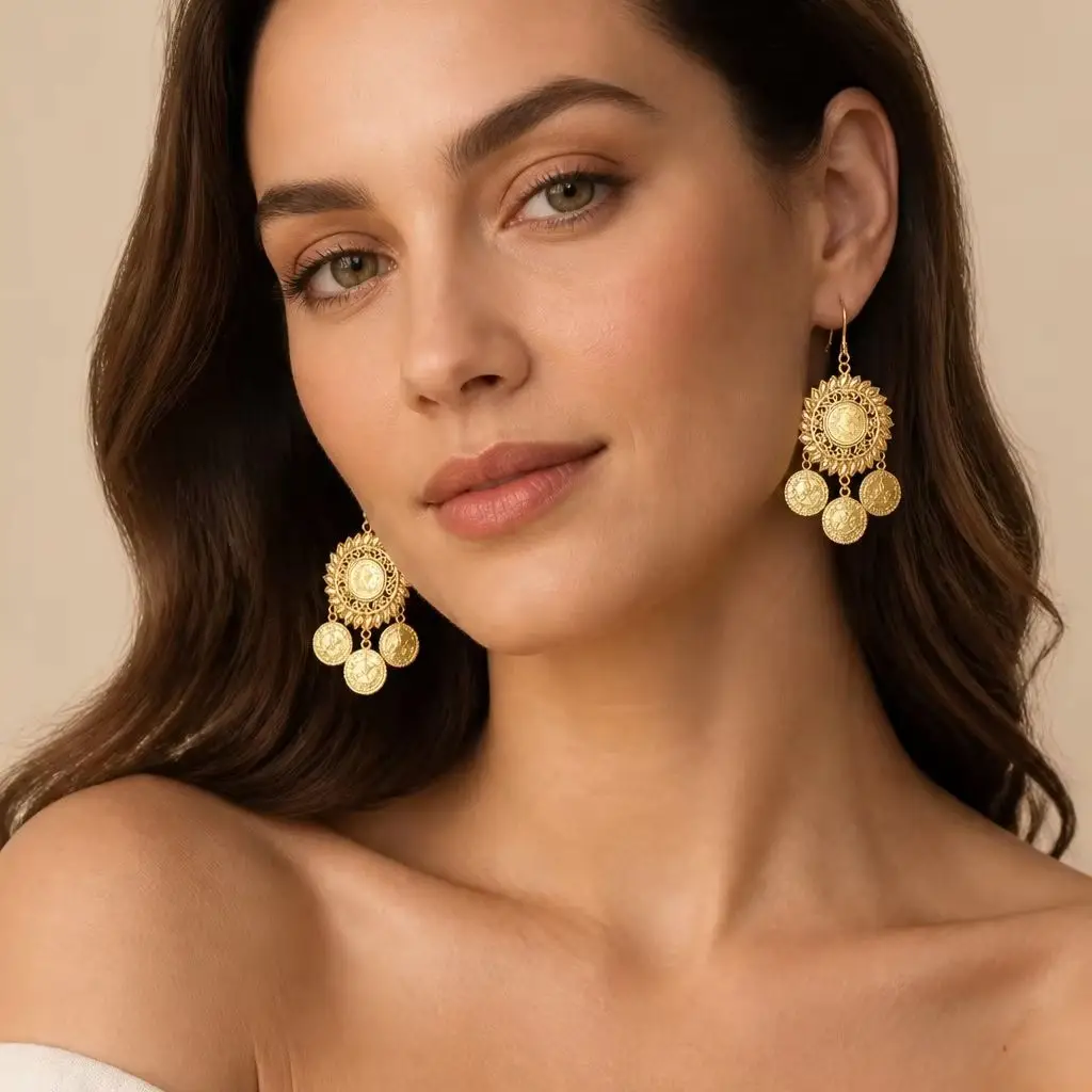 KDE Vintage Boho Ethnic Floral Earrings, Gold Plated Turkish Coin Fashion Accessories, Suitable for Weddings & Daily Wear #00479 view 3