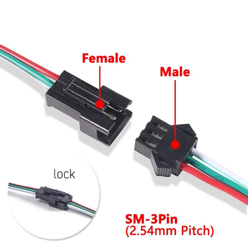 JST SM 3 Pin Pitch 2.54mm Female Male Connectors WS2812B WS2811 LED Lights Strip Connection Cable 10cm 15cm 20cm 30cm 22AMG Wire