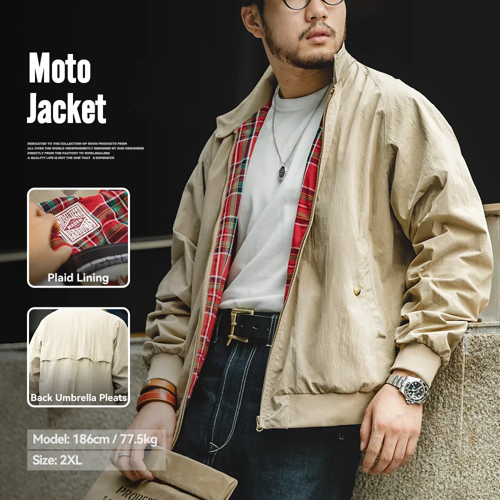 Męskie kurtki vintage khaki Maden, retro kurtka robocza ze stójką, kurtka motocyklowa, codzienna kurtka zapinana na zamek, jesienno-zimowa odzież wierzchnia unisex.