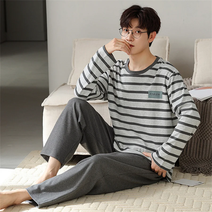 2025 New Men's Striped Sleepwear Long Sleeve Tops and Trousers Spring Autumn Cotton Pajamas Set Men Nightwear Casual Homewear