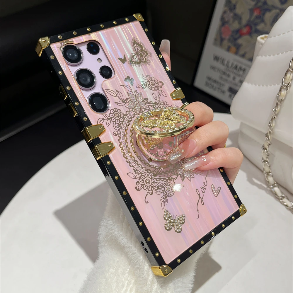Glitter Butterfly Stand Holder Aurora Box Phone Case For Samsung S25 S24 S23 Ultra S21 S22 Plus Finger Ring Fold Bracket Cover image 4