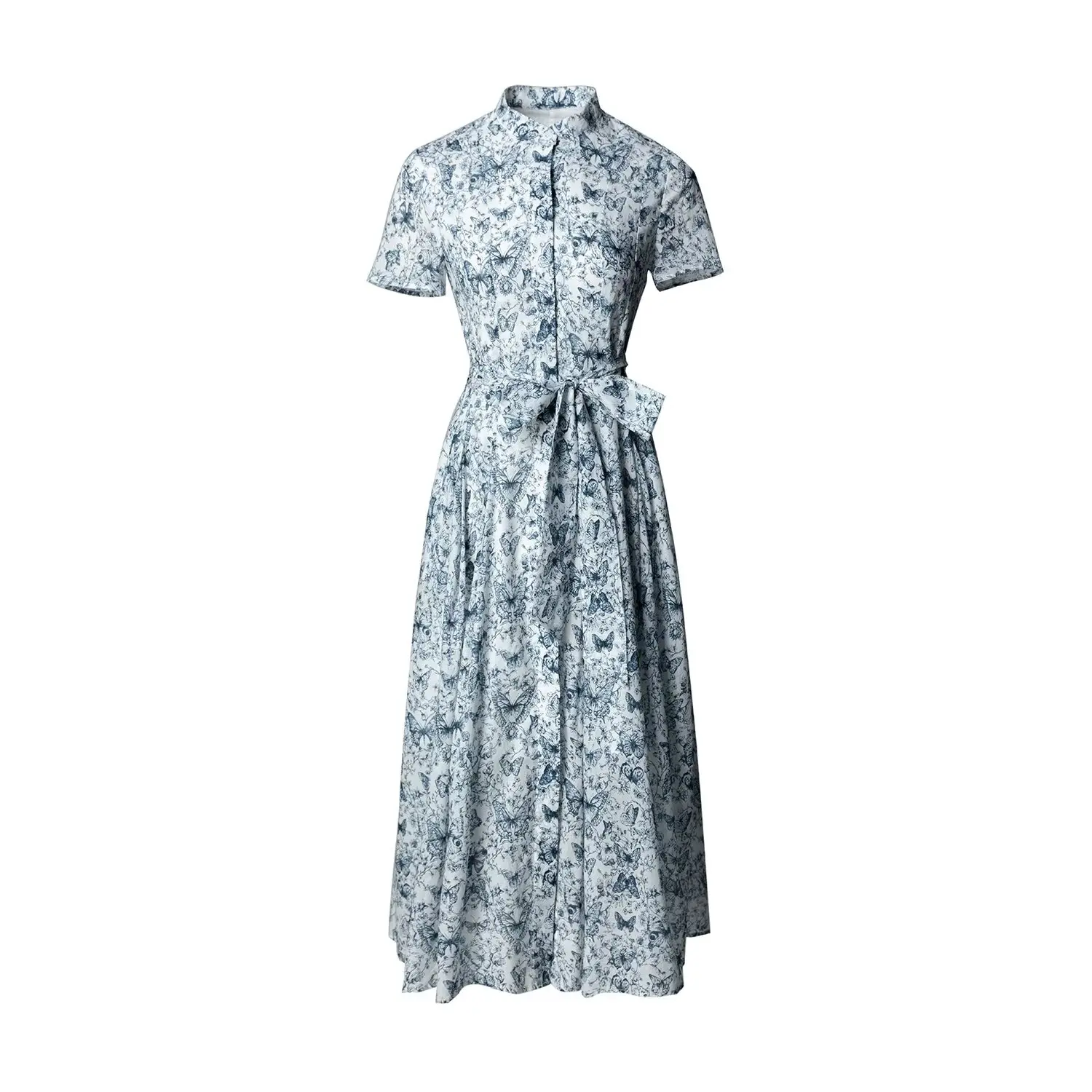 

Элегантное платье макси из чистого хлопка с принтом, новинка весна-лето, с воротником-стойкой, А-силуэт, короткий рукав, завышенная талия