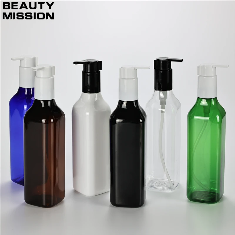 New Arrival Multicolor 300ML X 20 Liquid Soap Square Bottles With Plastic Lotion Pump Shampoo Shower Gel Travel Size PET Bottles