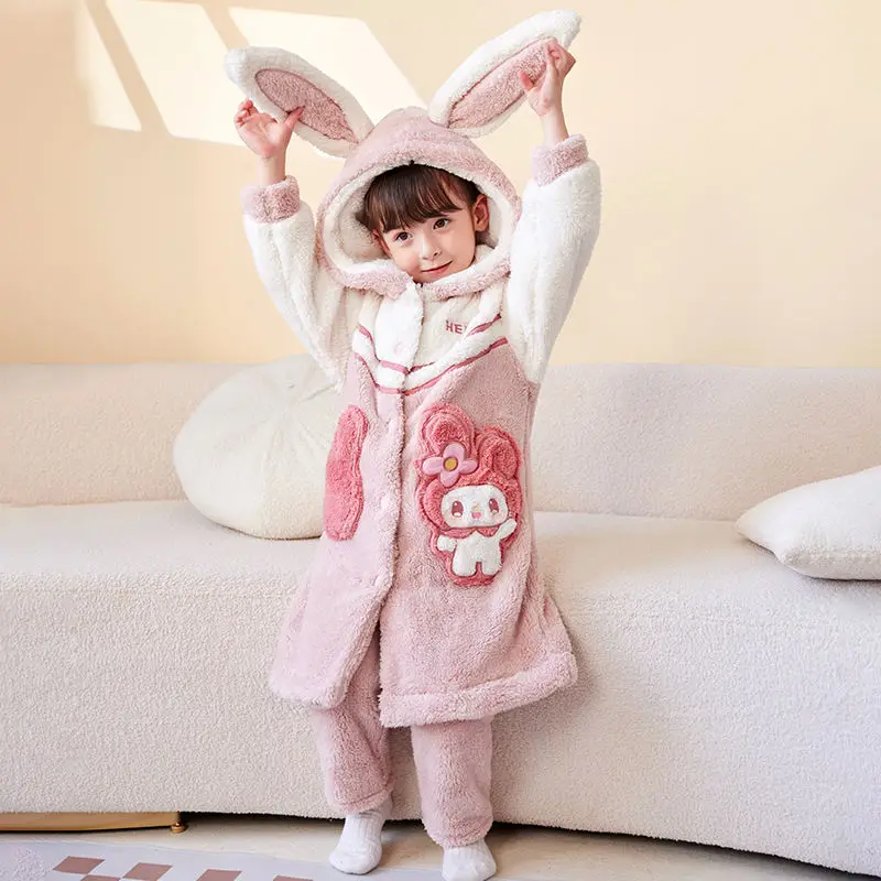 My Melody Anime Kawaii Sanrio Ins Fashio Children Nightgown Coral Velvet Thick Pajamas Cute Kuromi Warm Home Wear Clothing Toys