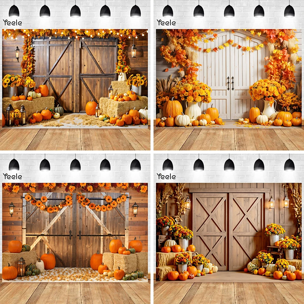 

Yeele Harvest Season Autumn Pumpkin Boardwalk Door Backdrop Farm Rustic Straw Stacks Yellow Flower Background Photo Studio Props