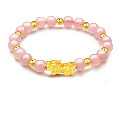 24k pure gold charms bracelet 999 real gold pixiu bracelet 6mm pink beads hand string