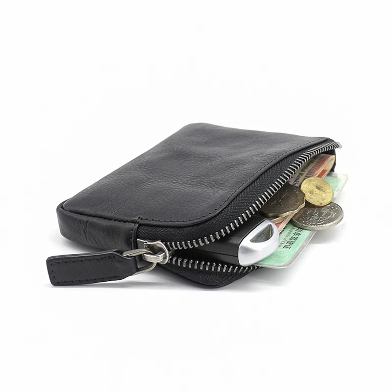 Zipper Wallets Women Genuine Leather Men Coin Purses Vintage Small Change Purses Wrinkled Cowhide Pouch Credit Card Money Bag