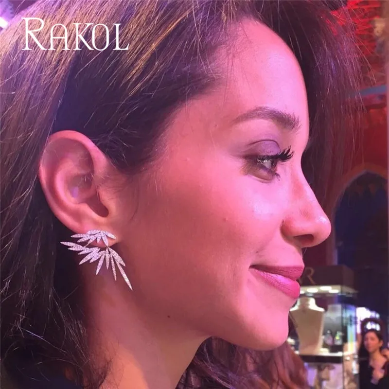 RAKOL Luxury Zircon Crystal Leaf Drop Earrings for Women Fashion Bridal Wedding Jewelry Dress Accessories RE02541