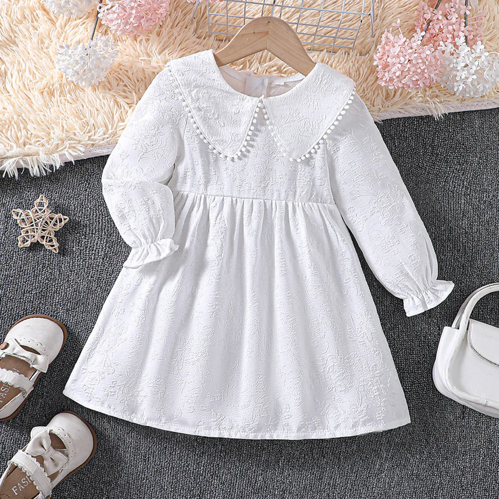 

2024 Winter New Girls Dress Long Sleeve Peter Pan Collar White Designer Girls Princess Dress Vestido 18M-7T