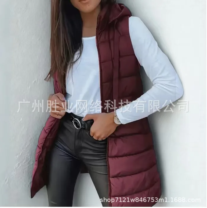 

Ropa Mujer Inviernoo Hooded Sleeveless Winter Cotton Jacket Women's Zippered Long Office Commuting Versatile Solid Color Jacket