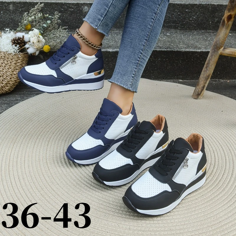 Zapatillas Deportivas para Mujer con Suela Gruesa y Diseño de Tacón Elevado Incorporado, Color Negro y Blanco, Calzado Informal Transpirable y Cómodo para Uso Diario, Estilo Urbano