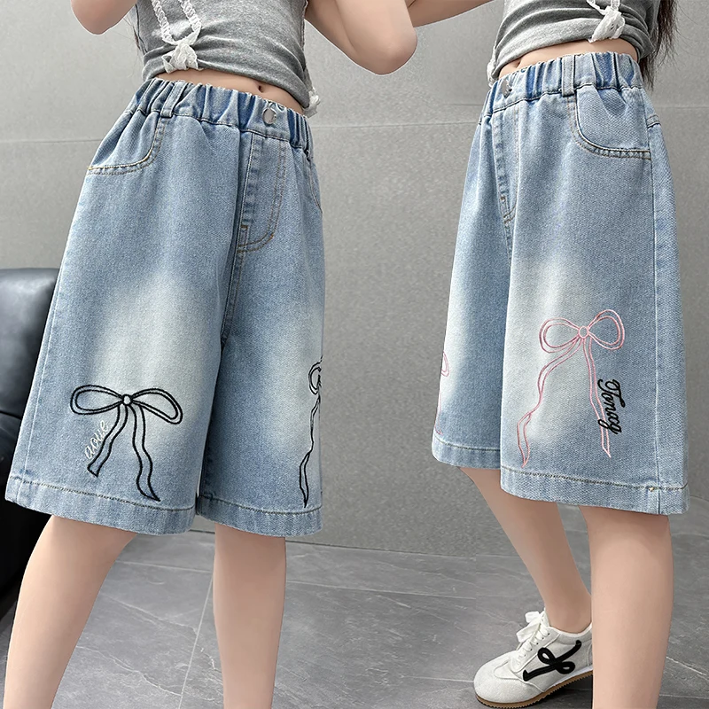 Fashion Summer Kids Child Denim Shorts With Bow for Tweens Girls Casual Knee Length Jeans Shorts 5 6 7 8 9 10 11 12 13 14 Years