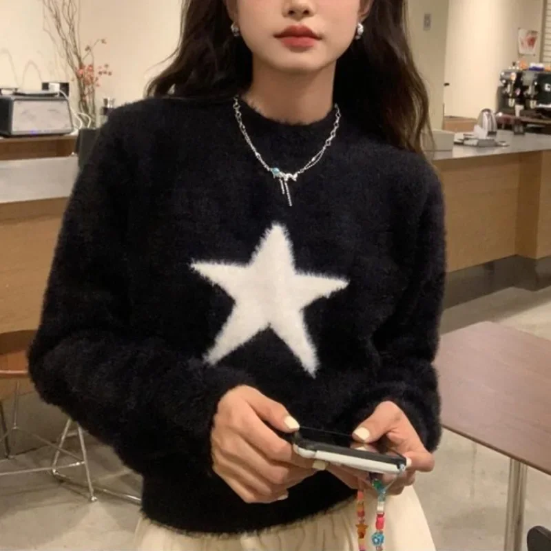 Cropped Stars Pullovers Women Casual Long Sleeve Tender Harajuku Students Sweaters Korean Fashion Pull Femme Ropa Mujer Retro