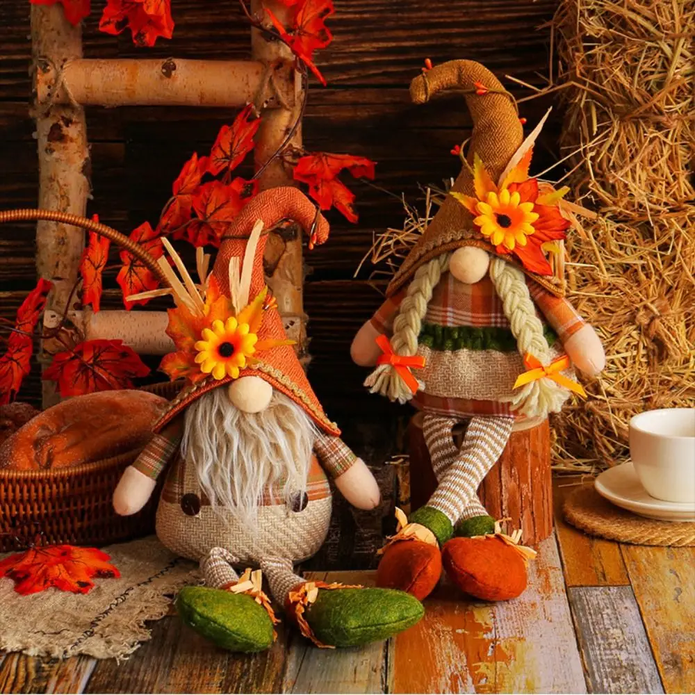 Scarecrow Doll Thanksgiving Scarecrow Dwarf Dolls Long Legs Straw Hat Sunflower Gnome Dwarf Dolls Cute Soft