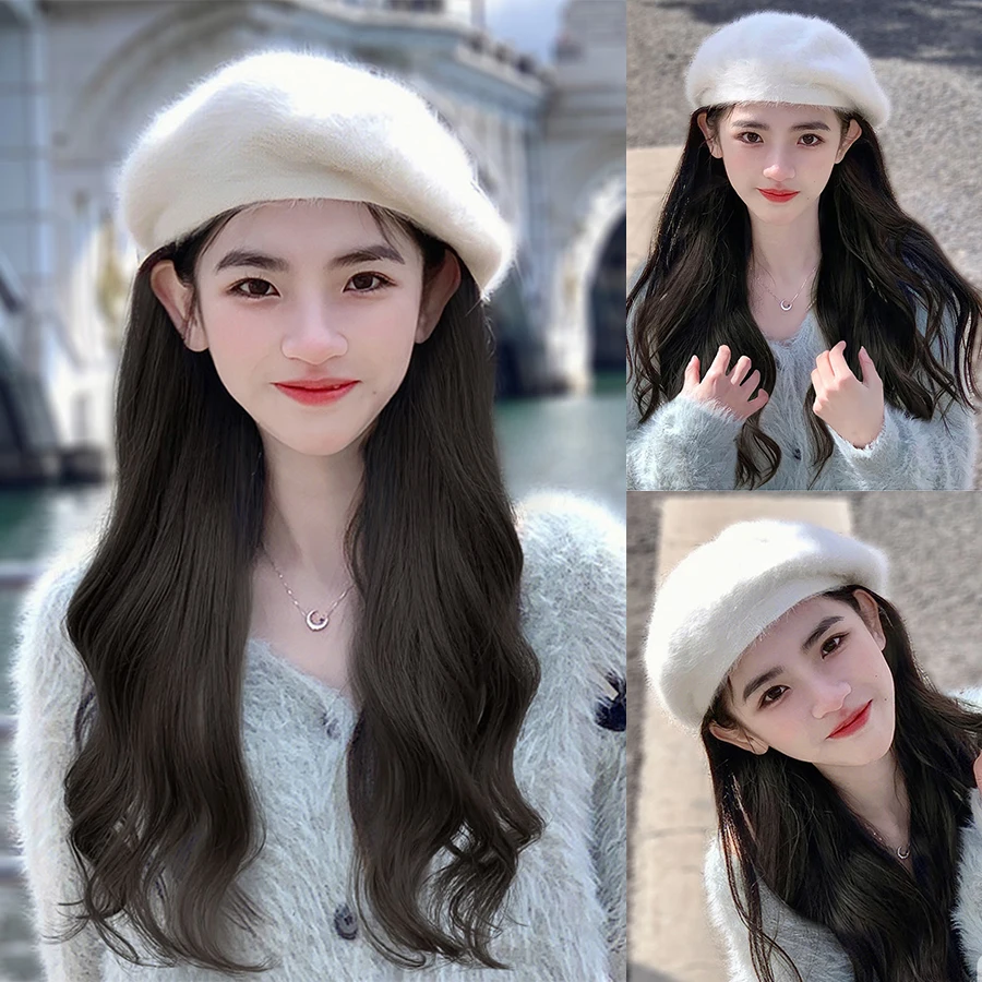 

Synthetic Wig hat one-piece white furry beret wavy curly hair wig daily wear suitable for everyone