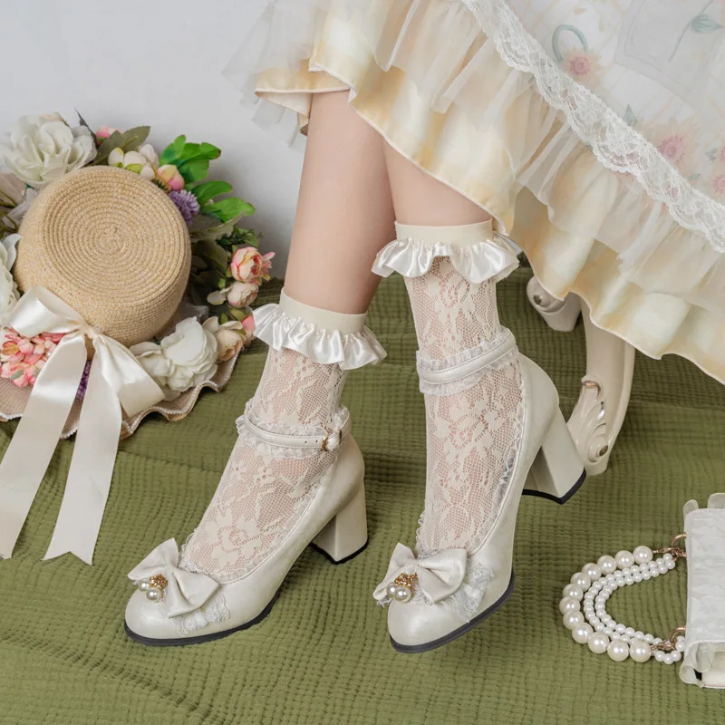 2025 Lolita Kant Hoge Hakken 32-48 Maat Zoete Lolita Boog Enkele Schoenen Japanse Meisjes Tea Party Enkele Schoenen