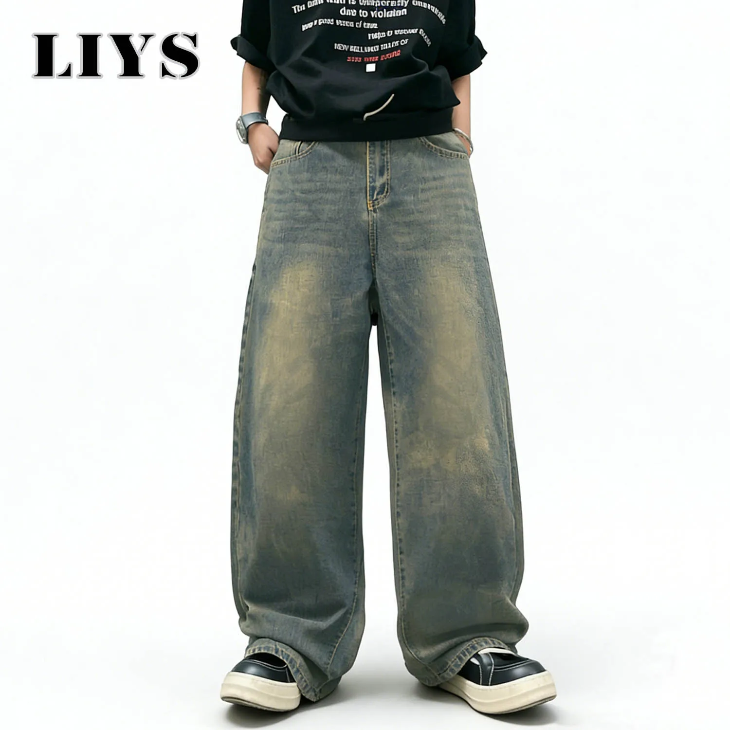 LIYS Men's American Retro Ultra Baggy Wide Leg Jeans Four Seasons Daily Street Oversized Korean Youth Denim Pants Unisex Clothes