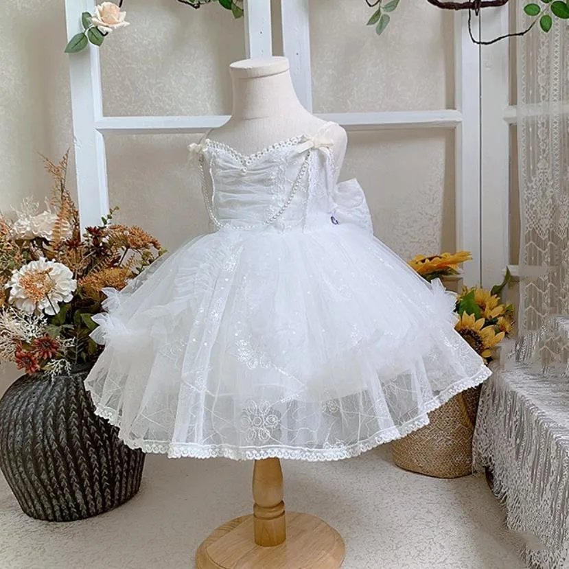 

Beautiful Princess Birthday Wedding Evening Dress Bow Beading Sleeveless Design Spanish Lolita Dresses For Girl Easter Eid A1549