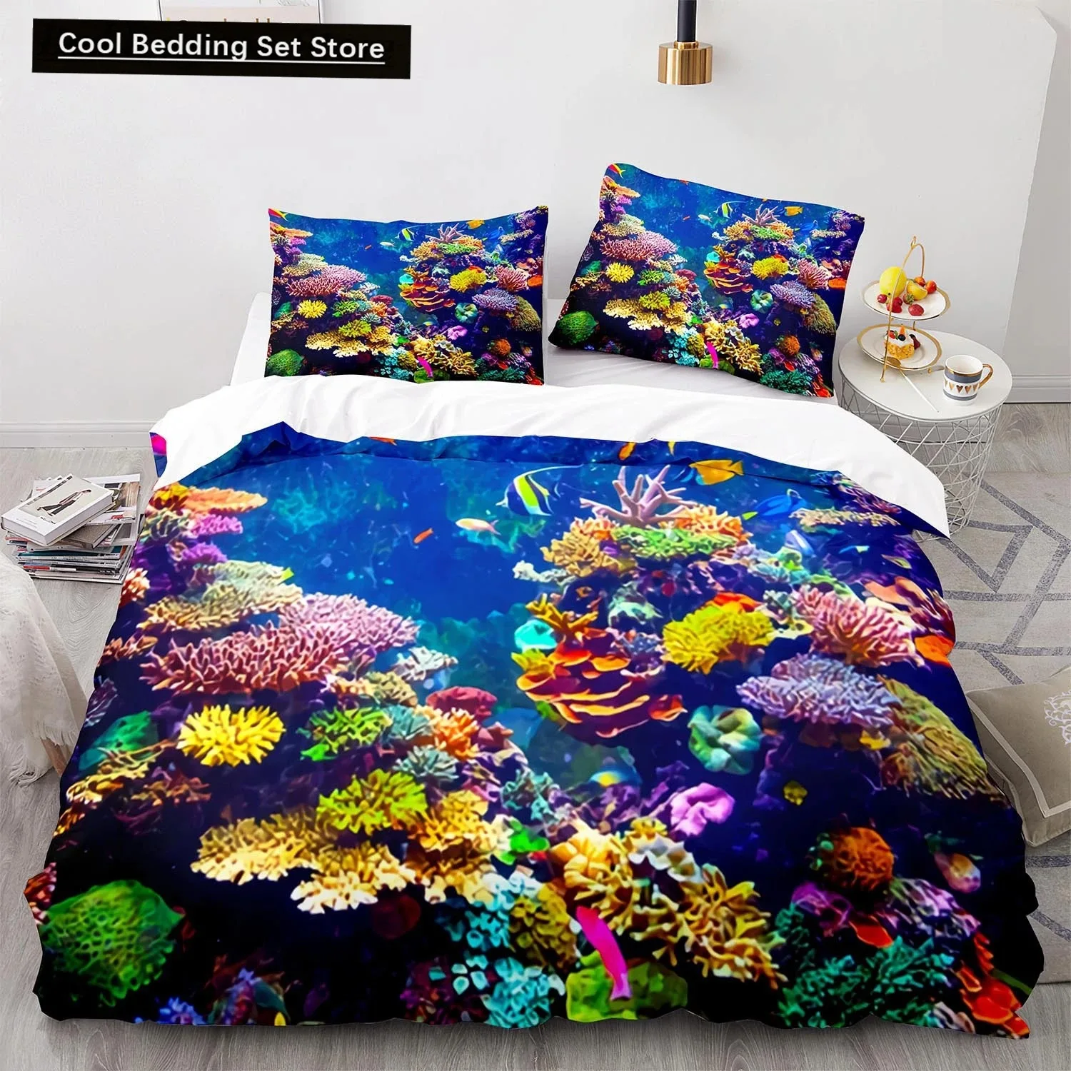 Underwater World King Queen Duvet Cover Cartoon Ocean Animal Bedding Set for Kids Fish Coral Sea Life Soft Polyester Quilt Cover