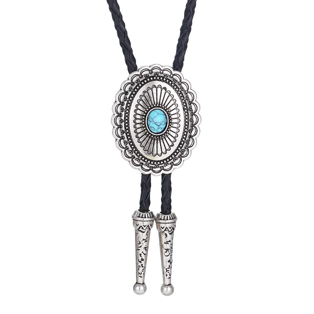 Western cowboy zinc alloy dot natural blue turquoise belt retro pattern pendant leather rope necklace