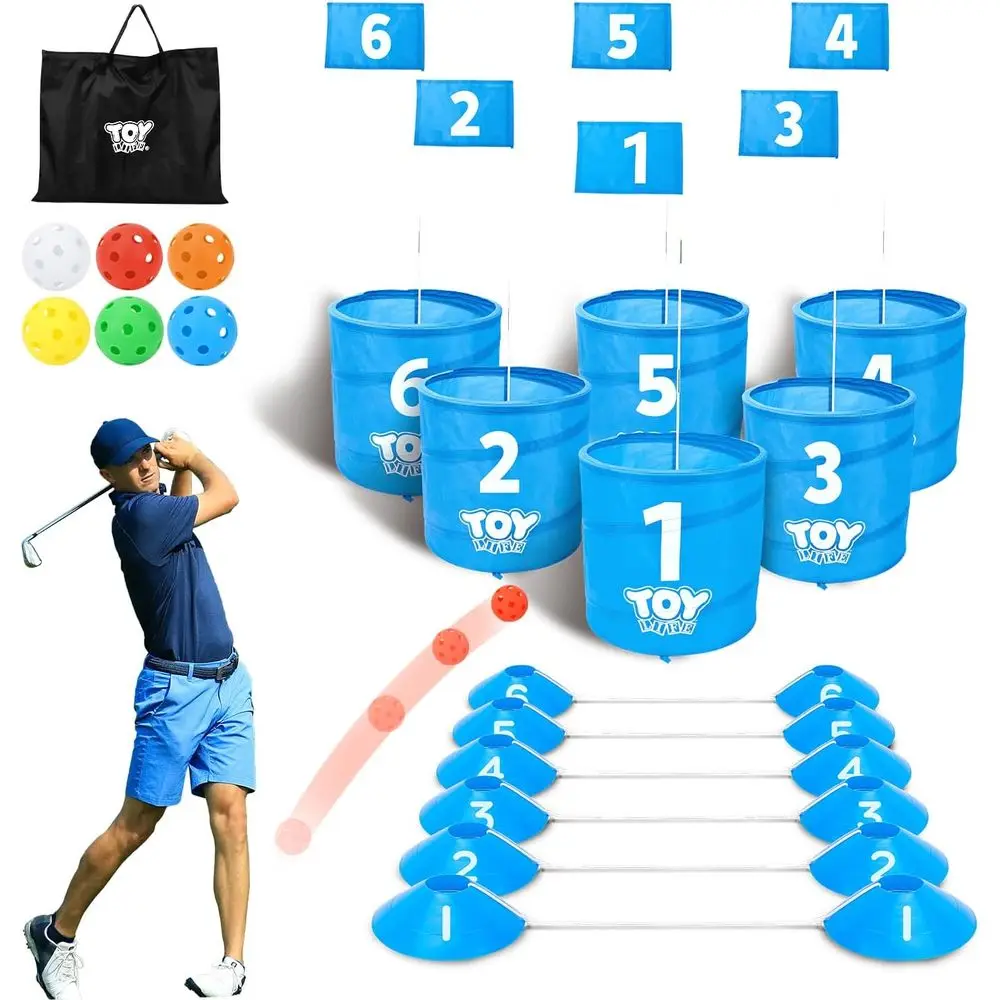 

6-Hole Golf Bucket Game Set for All Ages, Portable Golf Course with Balls and Lag, Ideal for Outdoor, Indoor, Beach, and Camping
