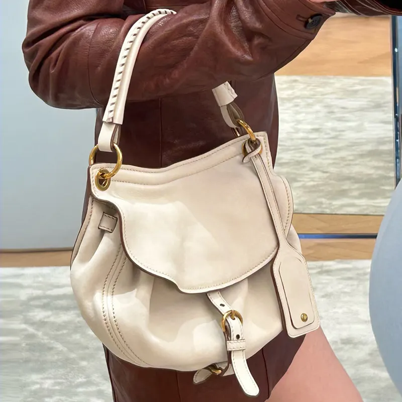 Women Retro Saddle Bag Belt Buckle Handbag Woven Handle Shoulder Bag Premium Texture Rivet Motorcycle Ladies Purse