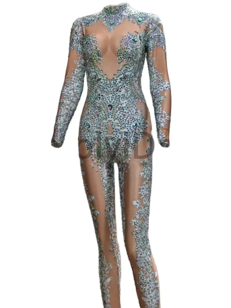 High-Quality Sparkly Rhinestone Bodysuit Fashion Nightclub Dancer Pole Dancing Stage Costumes Acrobatic Women Jumpsuit