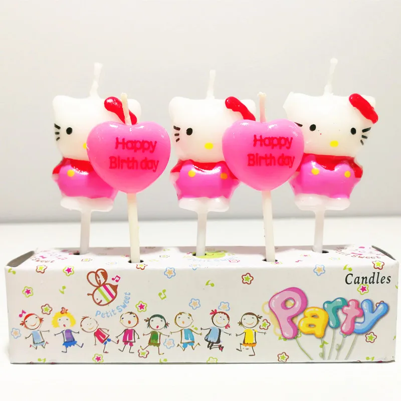 5pcs Hello Kitty Birthday Cake Candle With Heart Kids Cartoon Anime Doll Party Decoration Children's Cake Paraffin Figure Candle