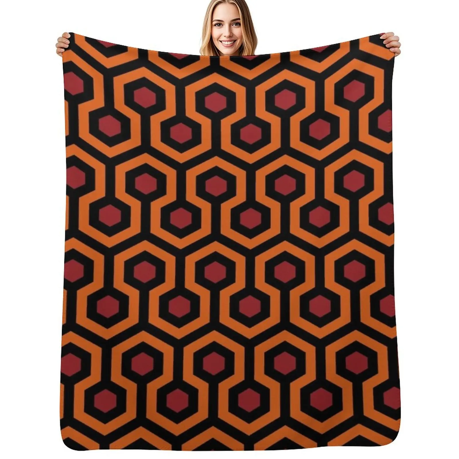 

Geometric Pattern: Looped Hexagons: Orange/Red/Black Throw Blanket Flannel Fabric Sleeping Bag sofa bed Thin Blankets