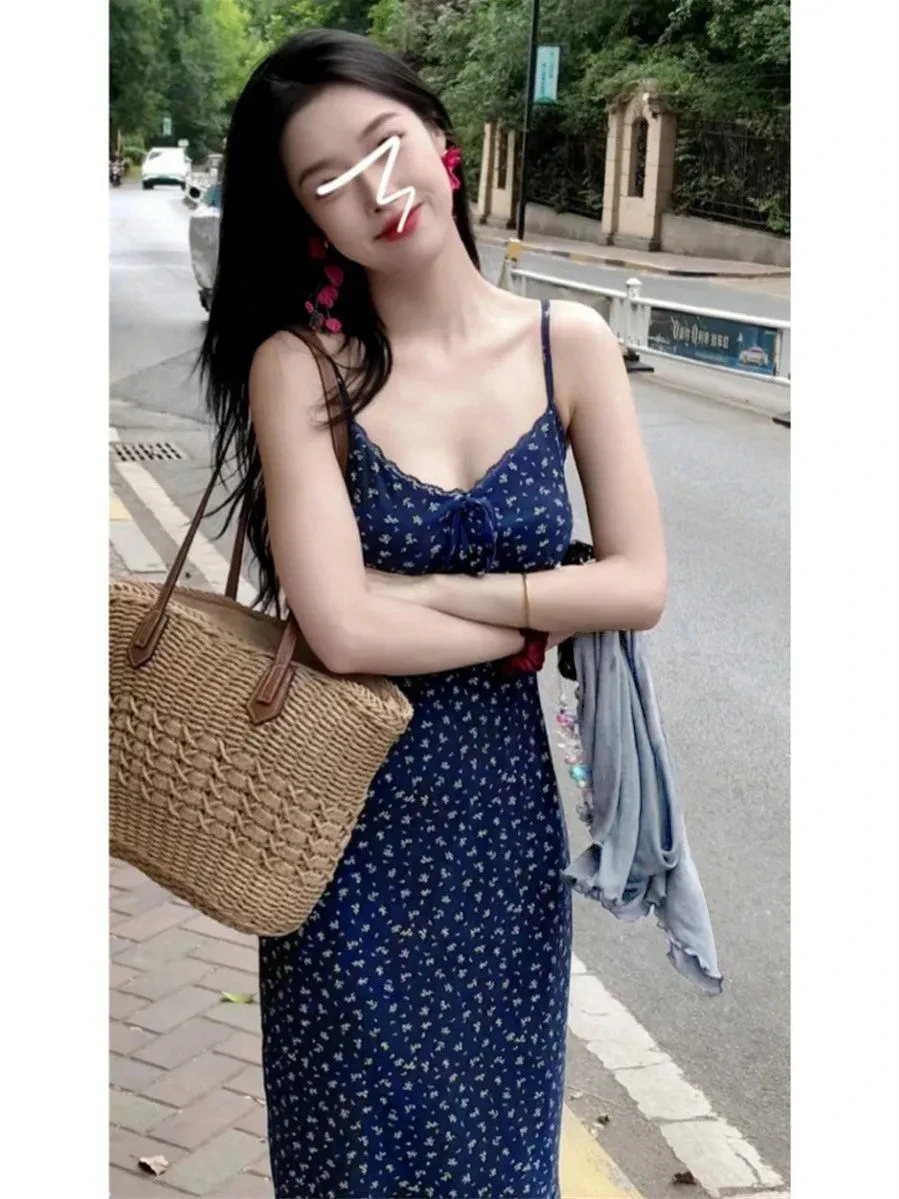 Elegant French Style Fragrant Dress 2024 New Summer Womens Petite WaistLong Dress Sleeveless Floral Spaghetti Strap Dresses