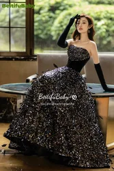 BeitifuBaby Elegant Evening Party Dresses for Women Black Sequined Sexy Strapless Sleeveless Lace-up Banquet Gown Formal Dress