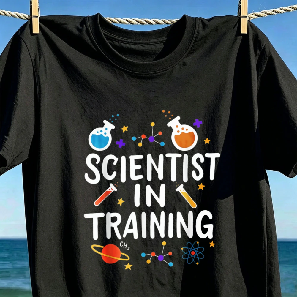 Scientist in Training Cotton T Shirt Lab Beaker Atom Planet Print Science Student Teacher Unisex Casual Short Sleeve Gift Tees