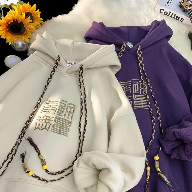 

Мужская утепленная толстовка большого размера с вышивкой в китайском стиле, на флисовой подкладке, осенне-зимняя, для пар