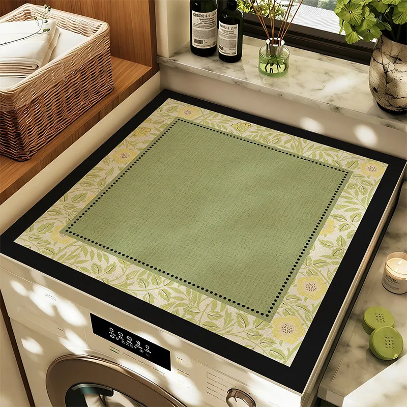 VIKAMA Green Floral Border Washing Machine Top Mat Solid Center Dot Frame Waterproof Anti Dust Laundry Dryer Surface Pad Rug