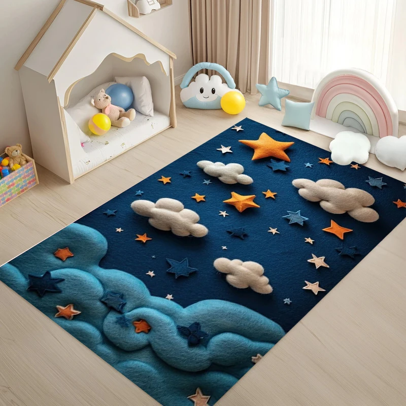 3D Starry Sky Clouds Area Rug Kids Play Mat Non-Slip Educational Carpet for Nursery Playroom Toddler Bedroom Babyroom Home Decor