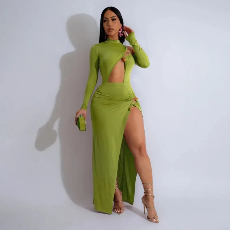

KEXU Women Sexy High Side Slit Midi Skirt Suit and Long Sleeve T-shirt Bodysuits Matching Two 2 Piece Dress Set Club Outfit