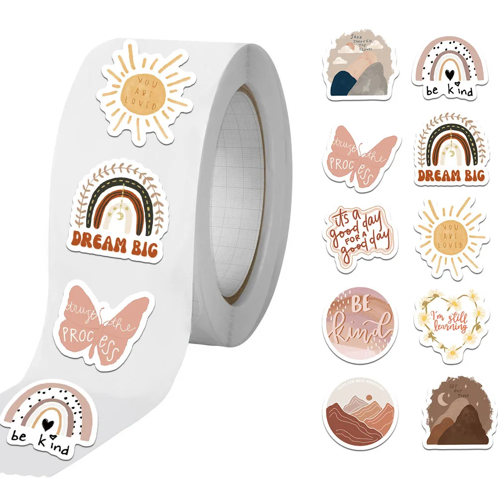 500Pcs/Roll Cartoon Bohemian Inspirational Sticker Roll Tape Hand Account DIY Decorative Sealing Sticker Waterproof Cup Toy