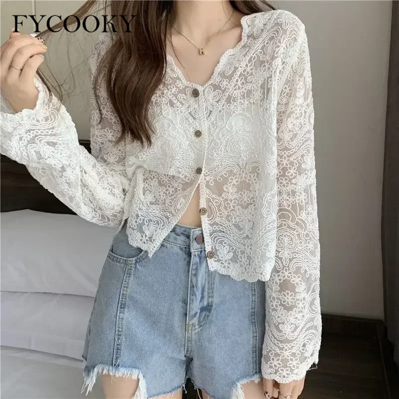 

2025 New Mesh Hollow Cardigan Women Summer Thin V-neck Lace Shawl Korean Fashion Loose Crop Tops Woman