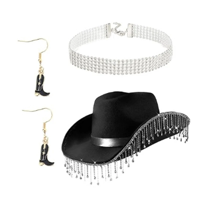 

A2ES Rhinestones Fringed Western Hat Choker Earrings Party Outfit Cosplay Costume Set