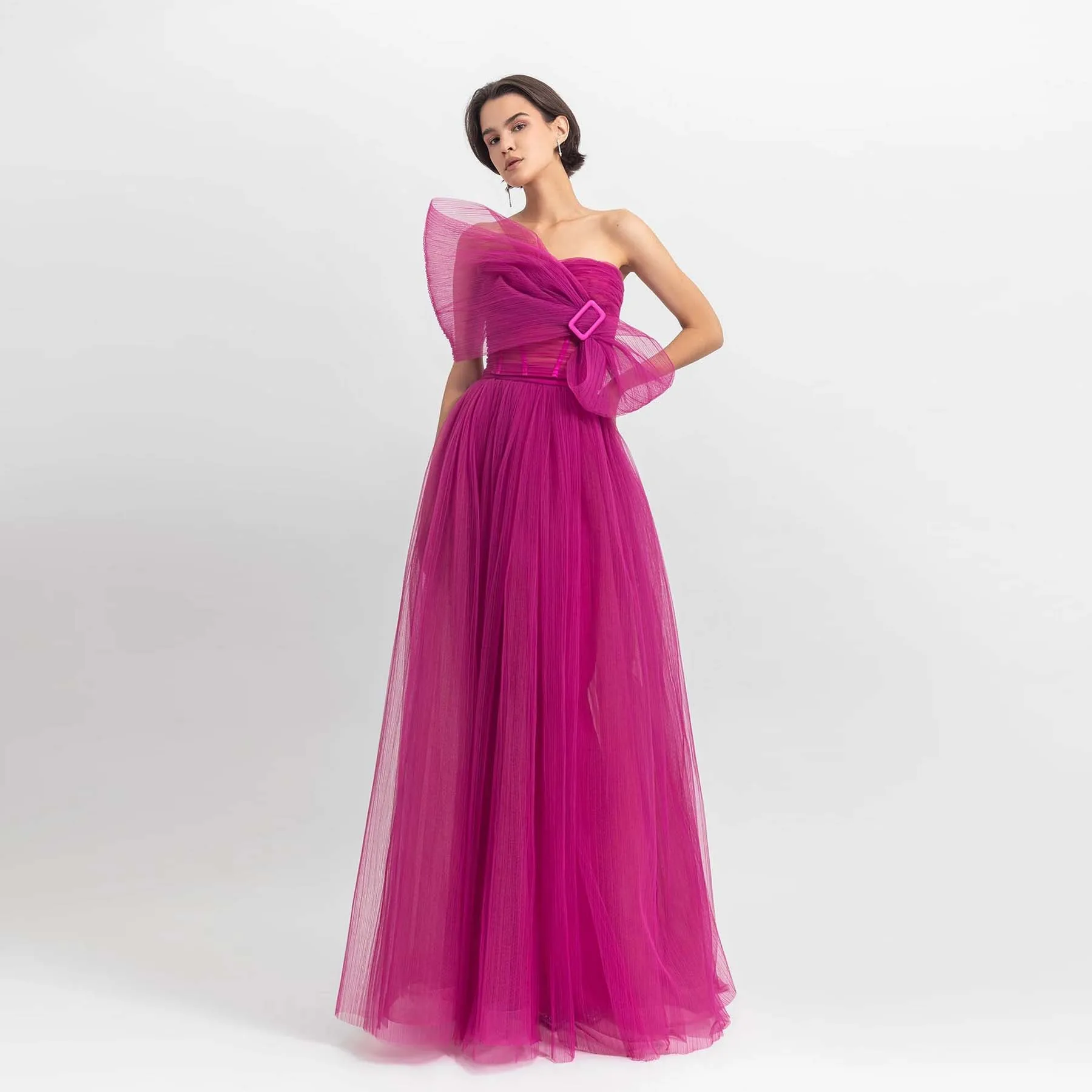 

Bow-like Strapless Fully-pleated Long Prom Gown Fuchsia Party Dresses Elegant A Line Formal Occasion Dress vestidos de festa