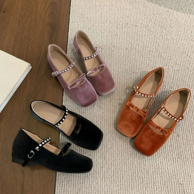 2025 Autumn Crystal Mary Jane Women Low Heel Shoes Fashion Velvet Square Toe Shallow Ladies Shoes Ballerinas Female Moccasins