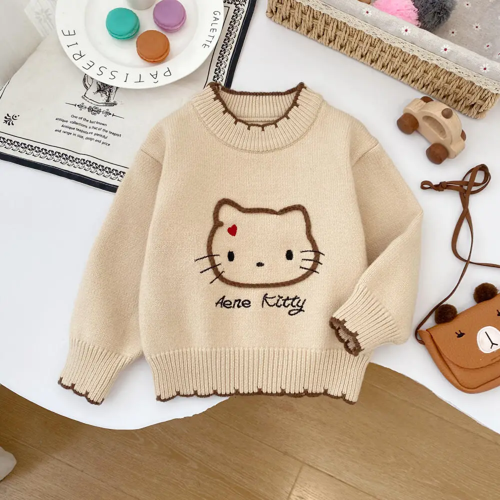 سانريو مرحبا كيتي الفتيات الخريف والشتاء الكرتون سترة نمط جديد الفتيات Kawaii نمط جولة الرقبة Kt القط سترة البلوز الأعلى